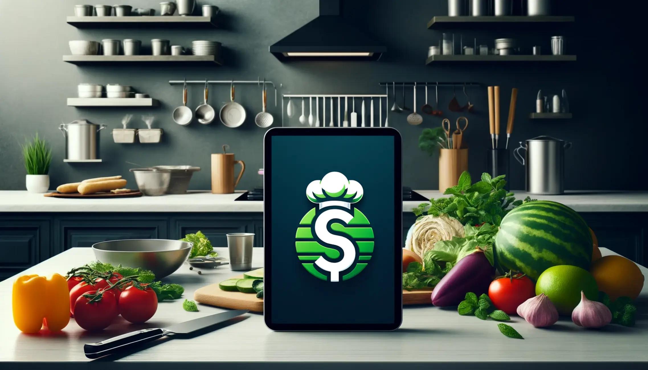 A tablet standing on the table with a big dollar sign on the screen, fresh produce on the background. 