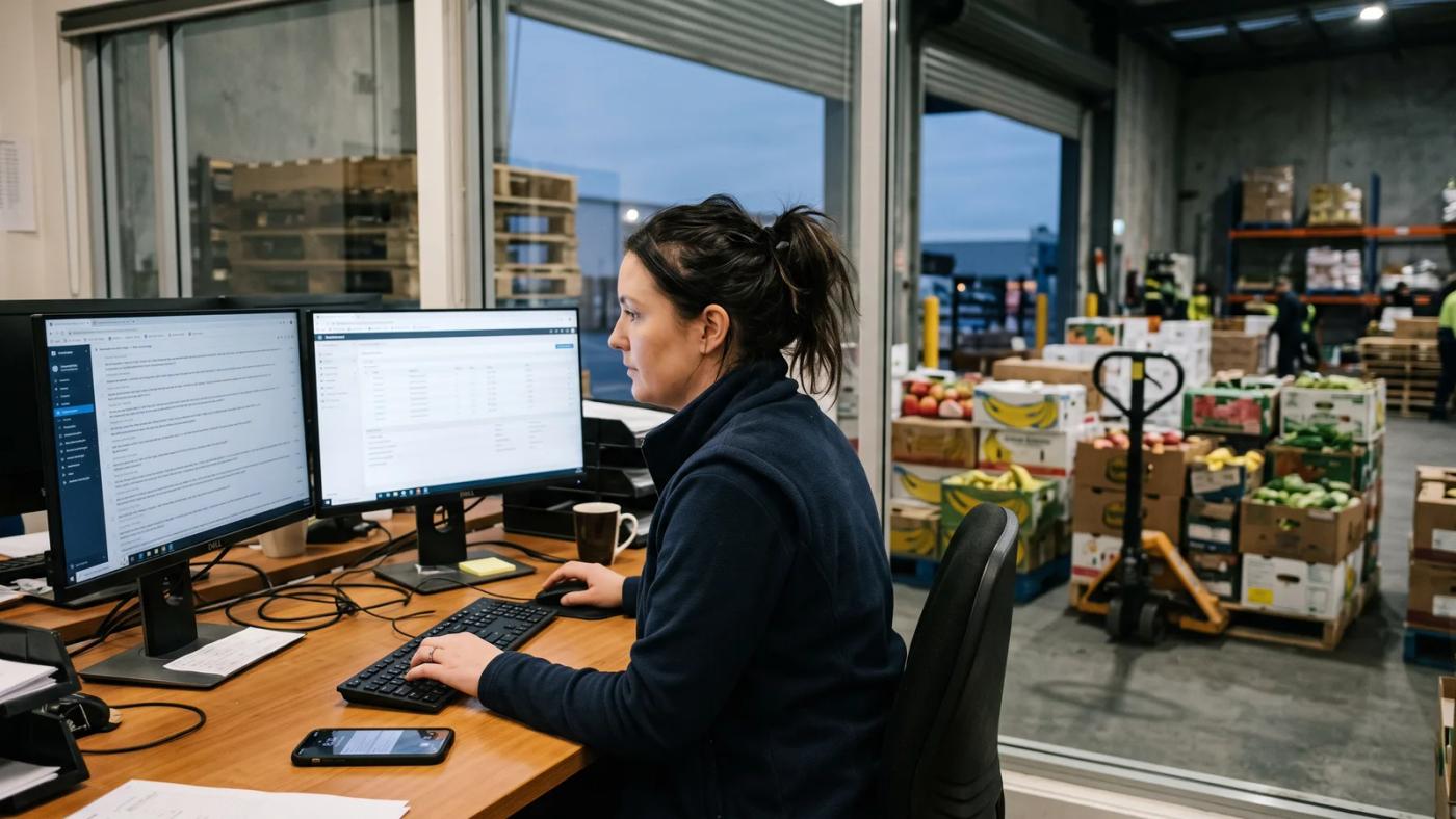 Wholesale food supplier order desk staff reviewing an AI-converted customer email order on screen in an early morning warehouse office