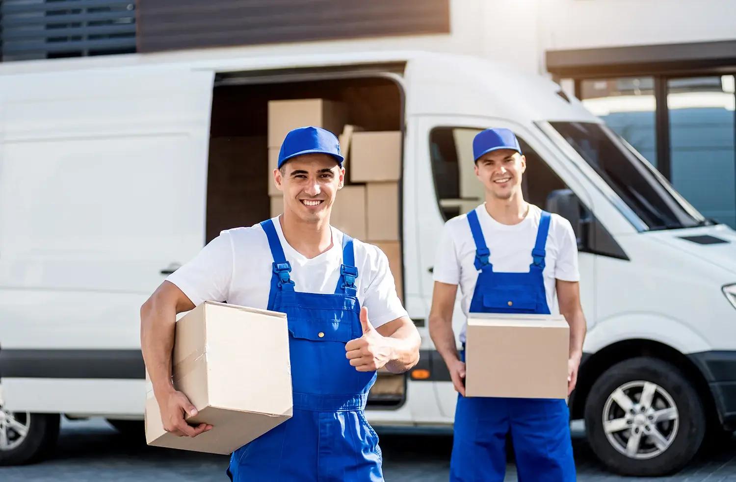 Two delivery men standing next to a delivery van.