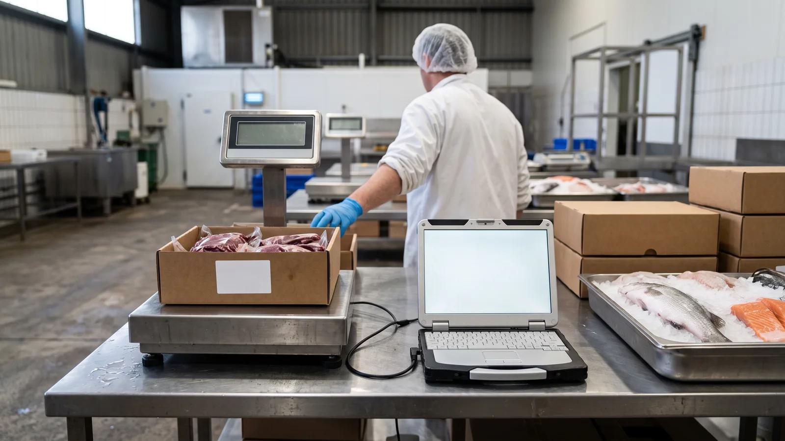 Packer weighing a carton of meat on a stainless steel bench scale connected to a laptop at an Australian wholesale pack bench, capturing catch weight for invoicing