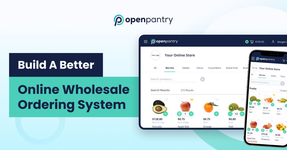 Computer tab and a phone screen showing Open Pantry's online wholesale ordering.