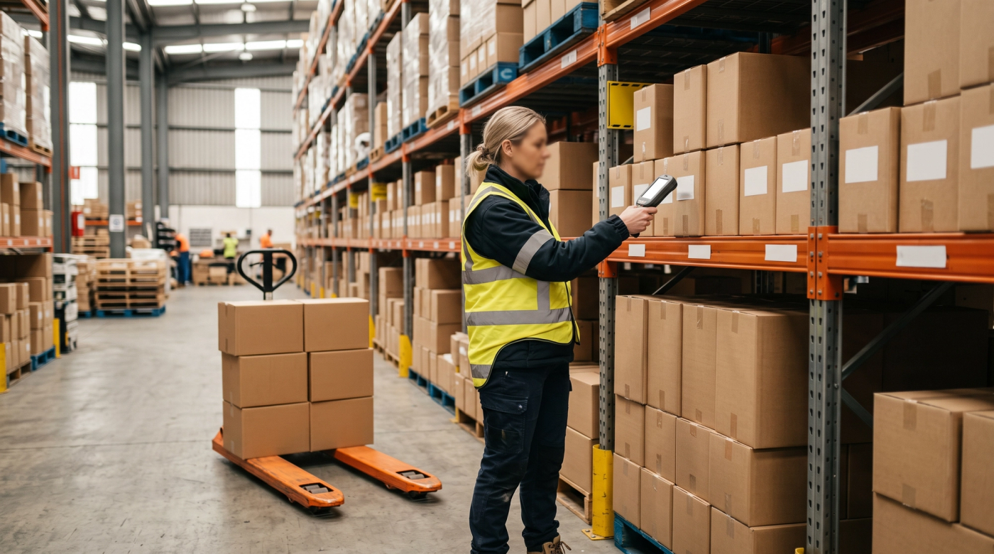A warehouse supervisor in hi-vis scanning cartons on racking in a food distribution warehouse, with a pallet jack of boxes in the aisle.