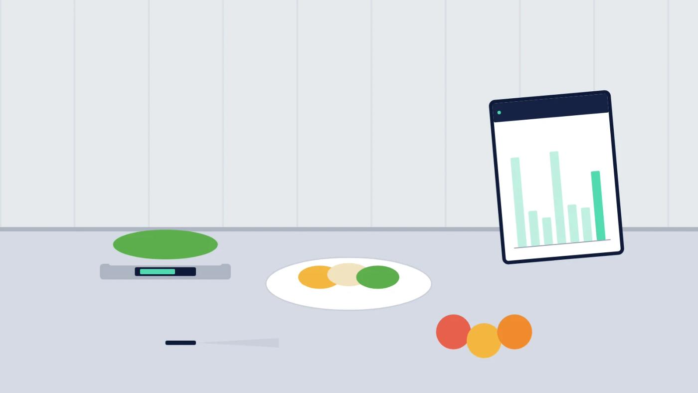 Illustration of a stainless kitchen bench with a digital scale, a plated dish, ingredients and a tablet showing a costing chart.