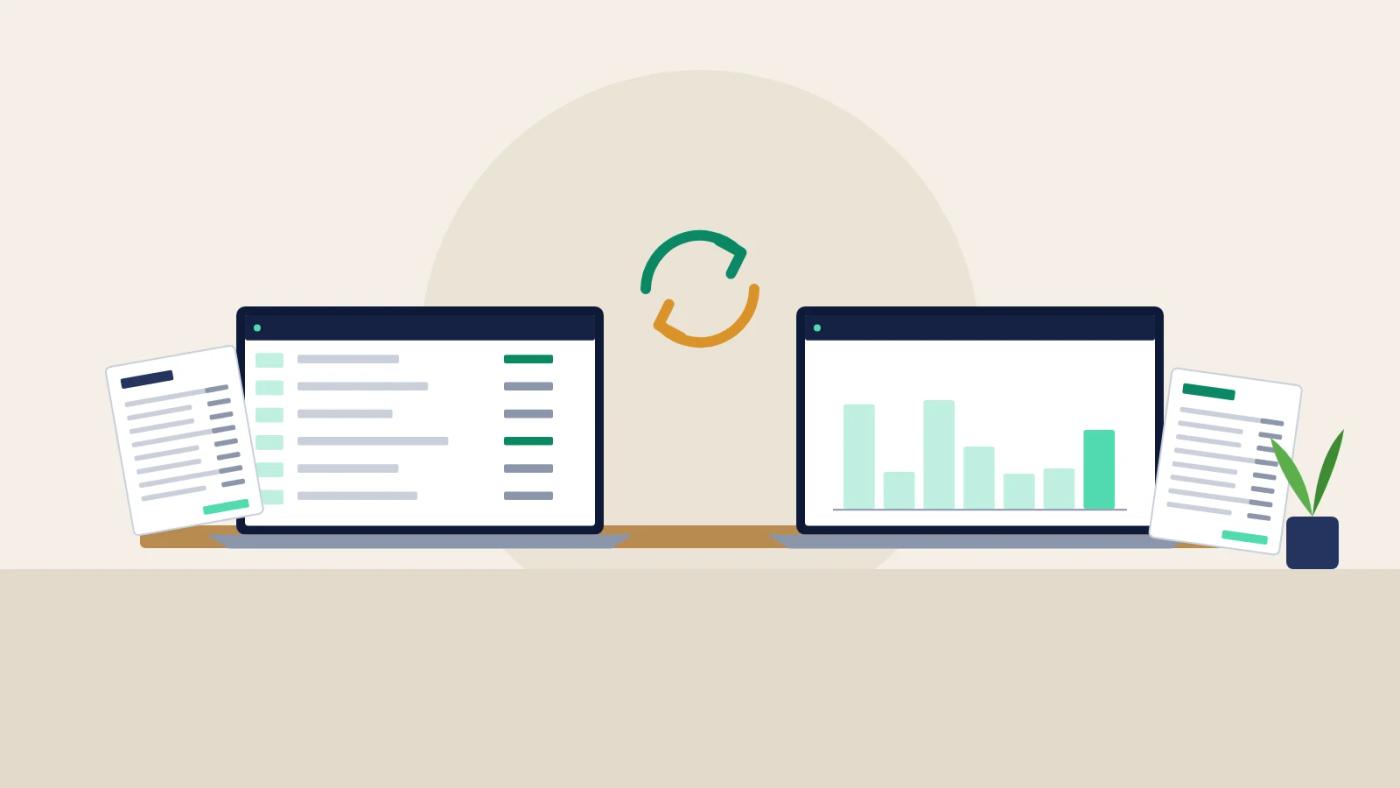 Illustration of two laptops syncing orders and accounting reports.