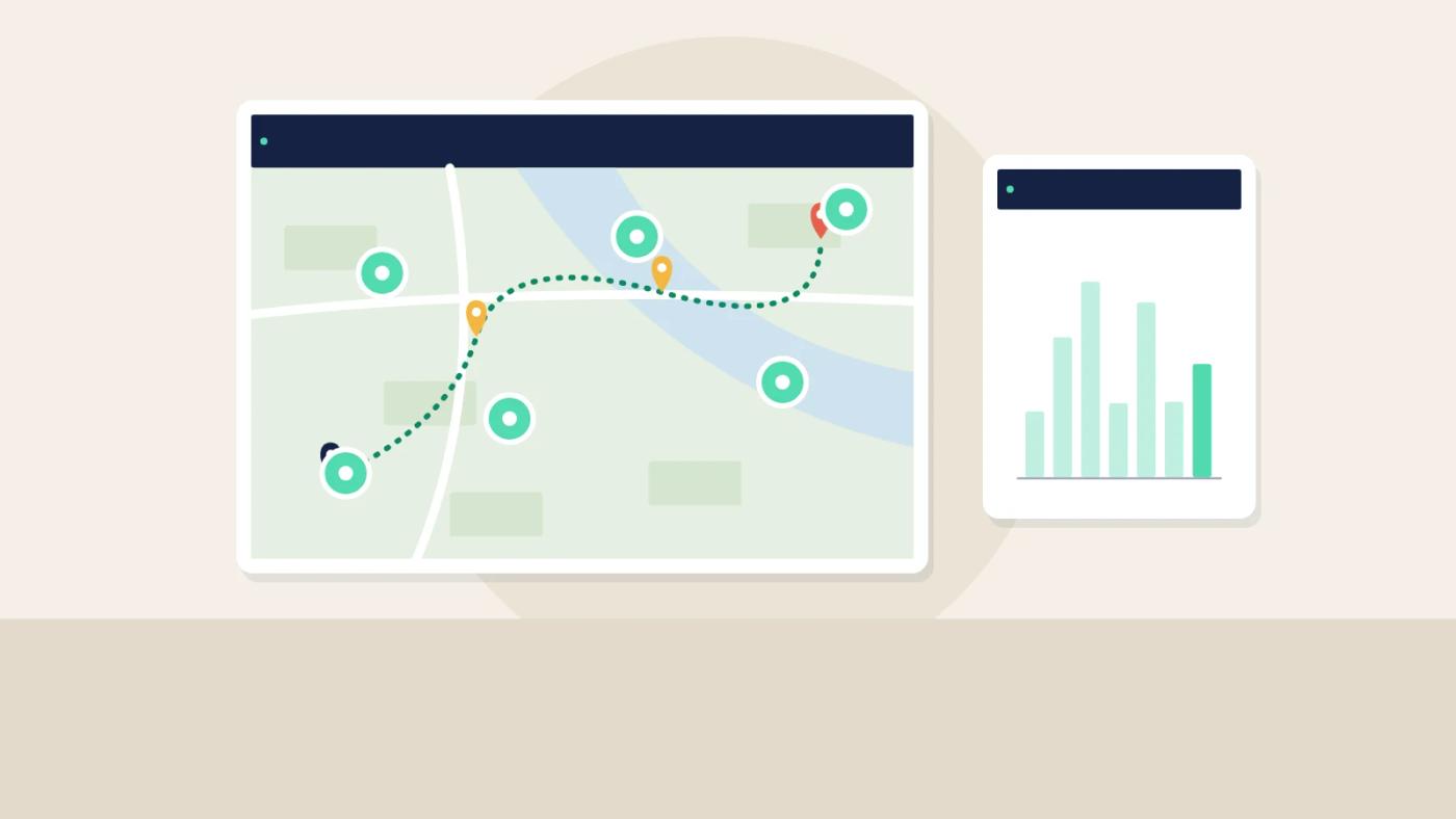 Illustration of a map of customer locations and a sales chart.