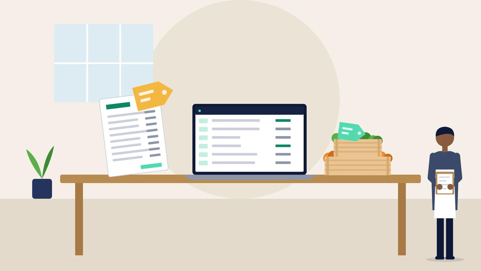 Illustration of a wholesaler's desk with a price list, a laptop showing product prices, price tags and crates of produce.