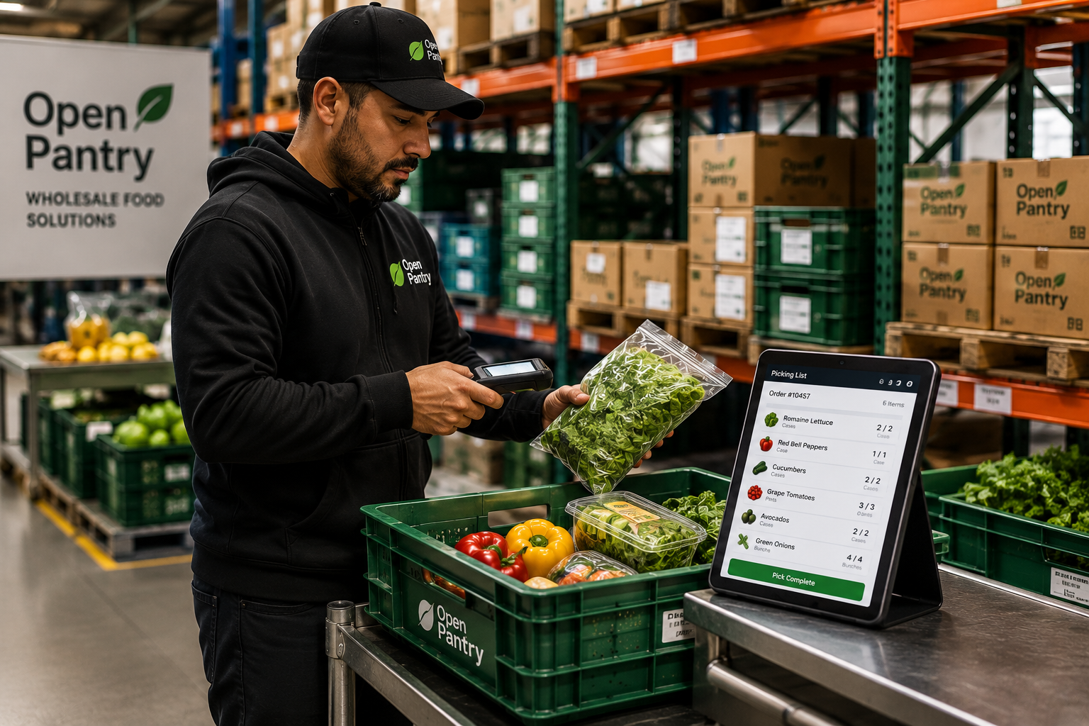 Warehouse worker scanning fresh produce with a digital picking list.