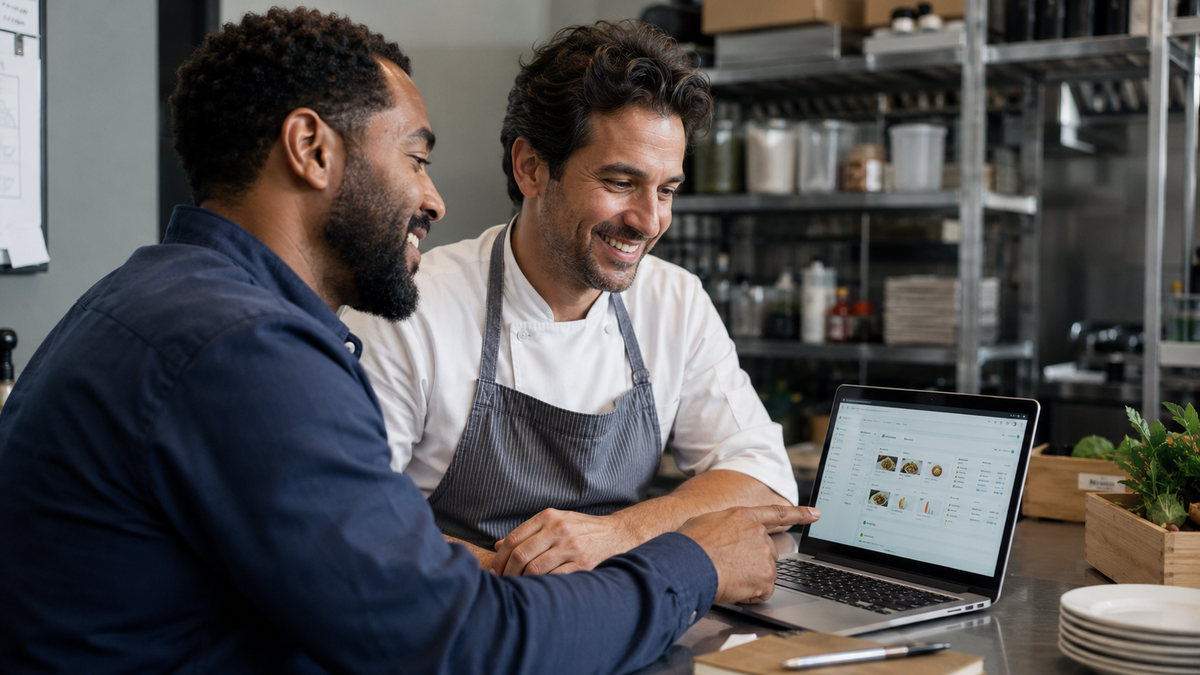 Two men ordering ingredients online using a laptop.