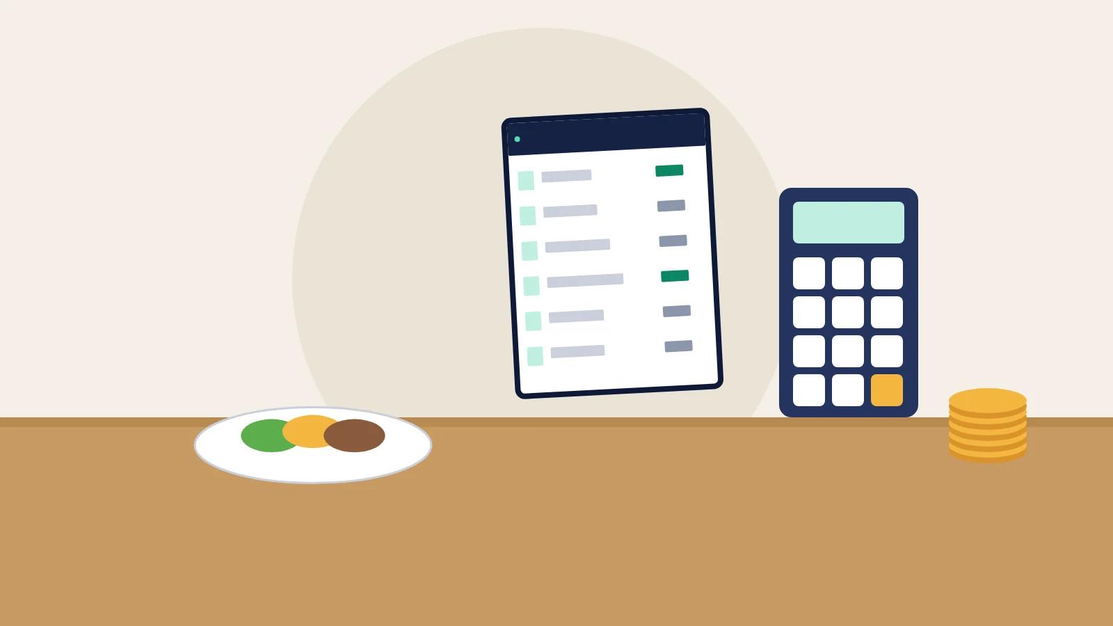 Illustration of a plated dish, a tablet with a recipe cost list, a calculator and coins on a timber table.