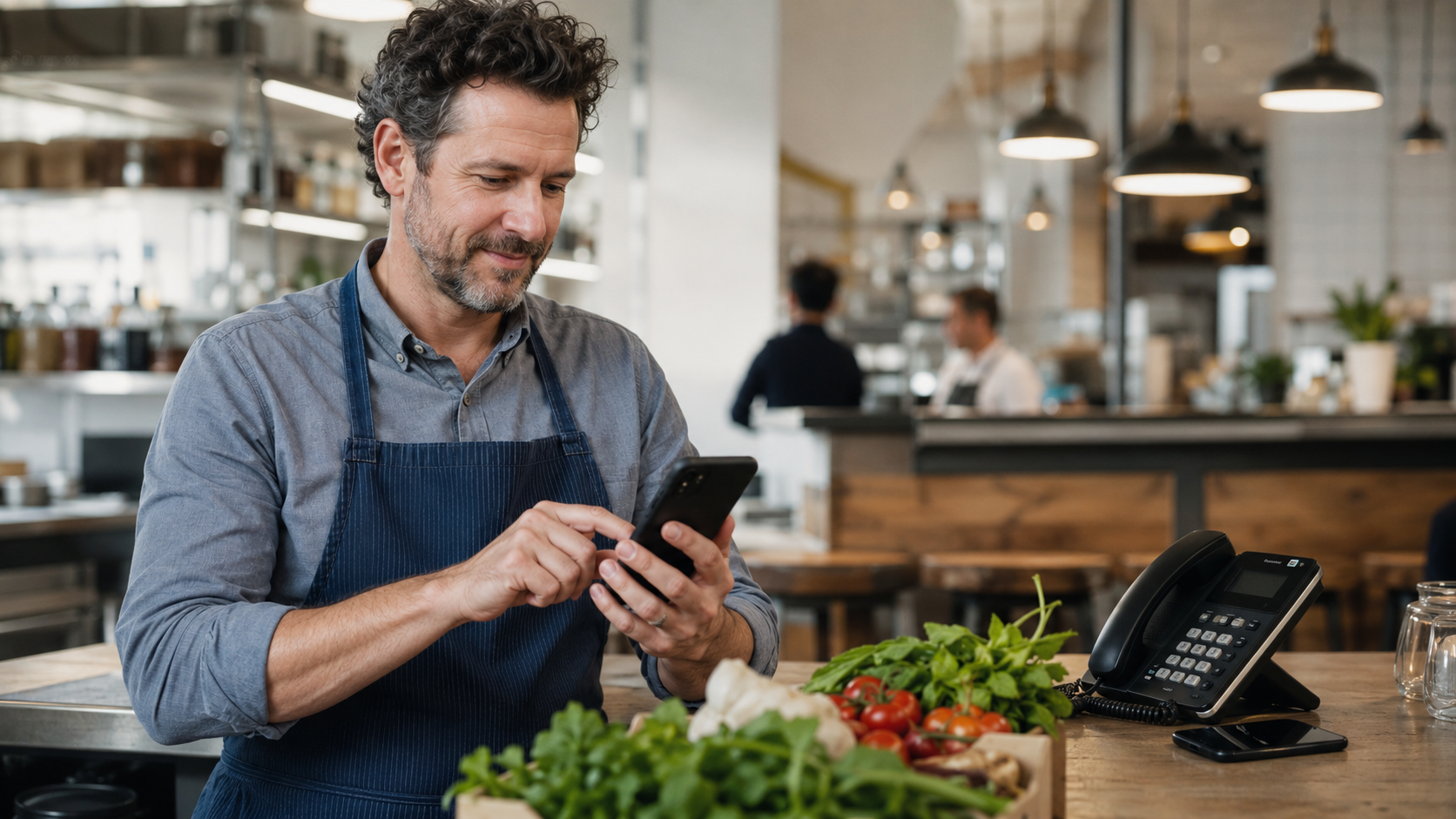 Chef using a cellphone to order ingredients online.