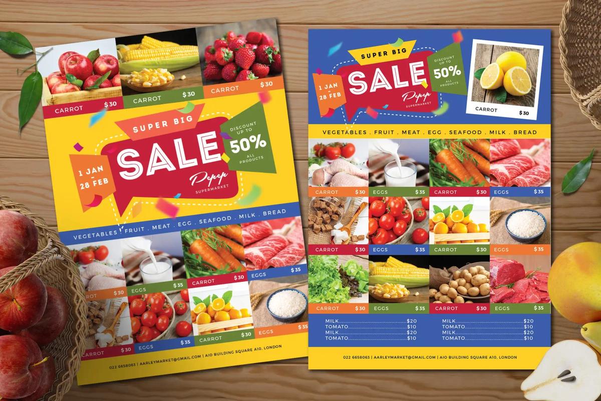 Digital supermarket catalogue showing a colorful sale flyer with fruits, vegetables, meat, eggs, and discount prices on a wooden background.