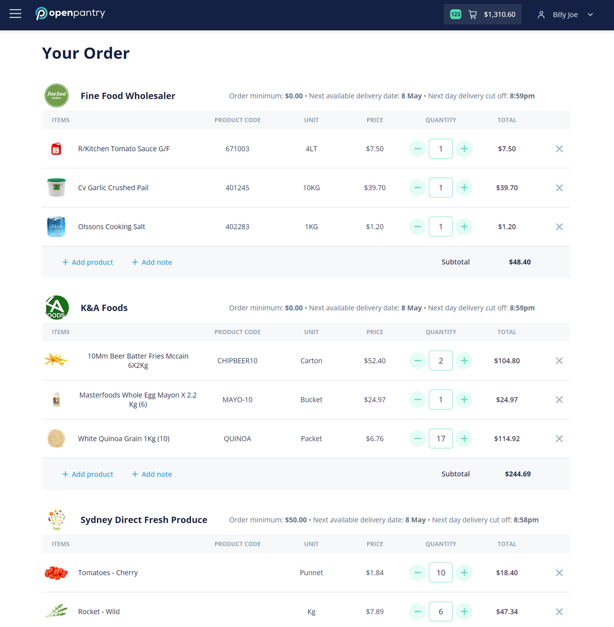 Screenshot of Open Pantry's order interface featuring orders from various suppliers. 