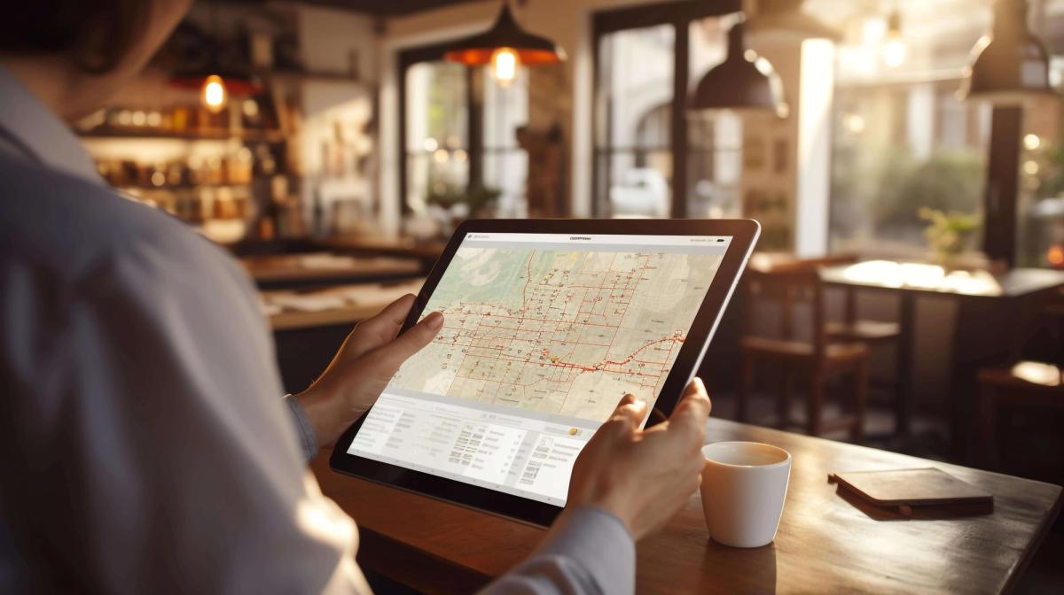 A man holding a tablet showing a map, indicating a delivery route. 