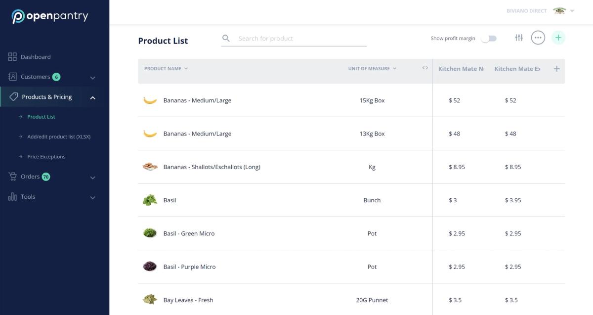 Screenshot of Open Pantry's interface, which displays the product list.