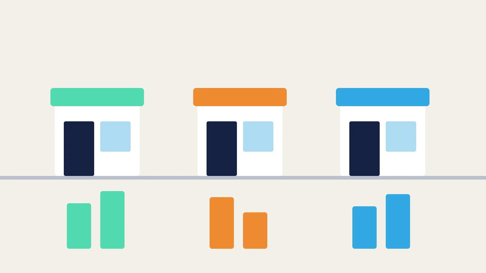 Illustration of a restaurant group comparing three venues side by side, each with its own performance bars