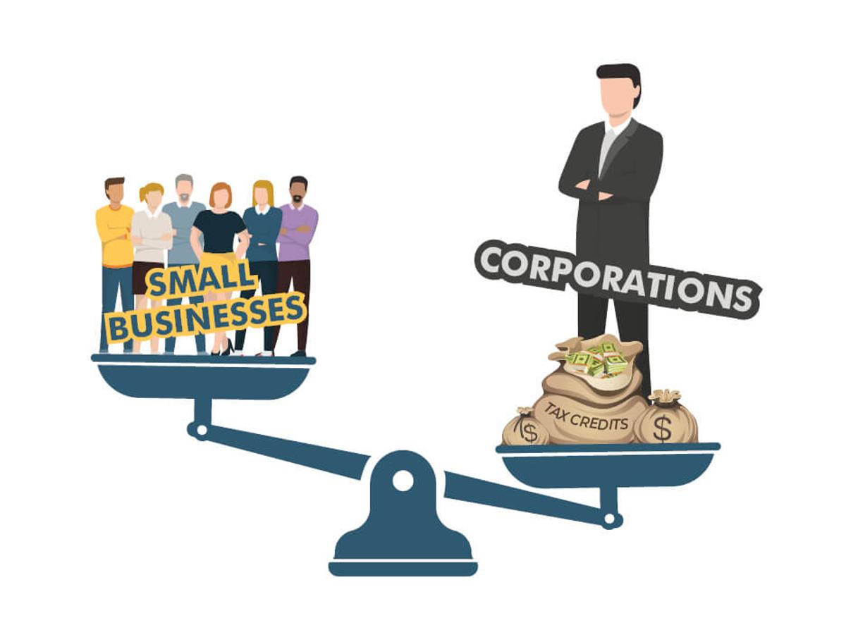 Weighing scale showing small businesses and a large enterprise, symbolising PO system accessibility.