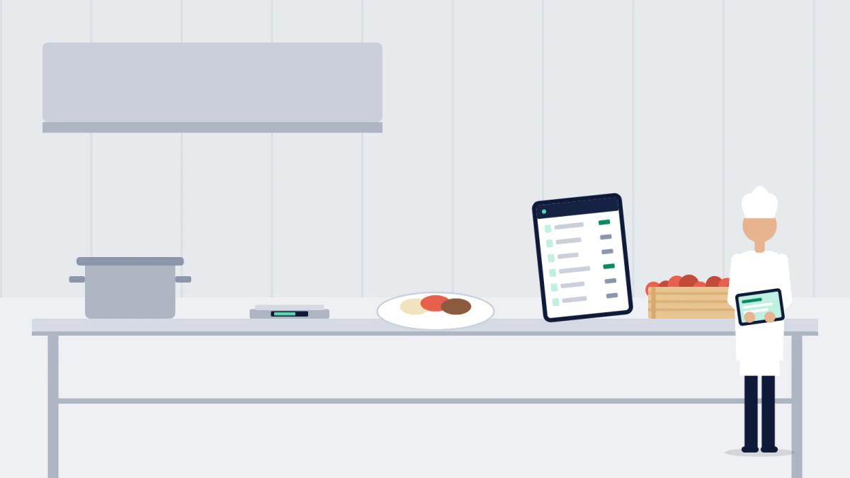 Illustration of a chef in a commercial kitchen costing a dish with a tablet, a plated meal and a scale on the bench.