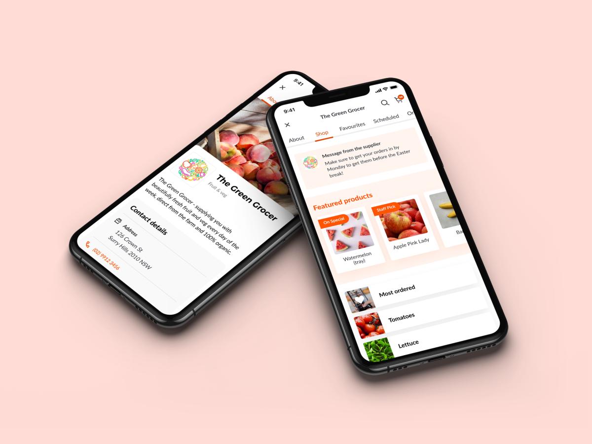 Two iPhones displaying Ordermentum interface, showcasing their features and functionality side by side.