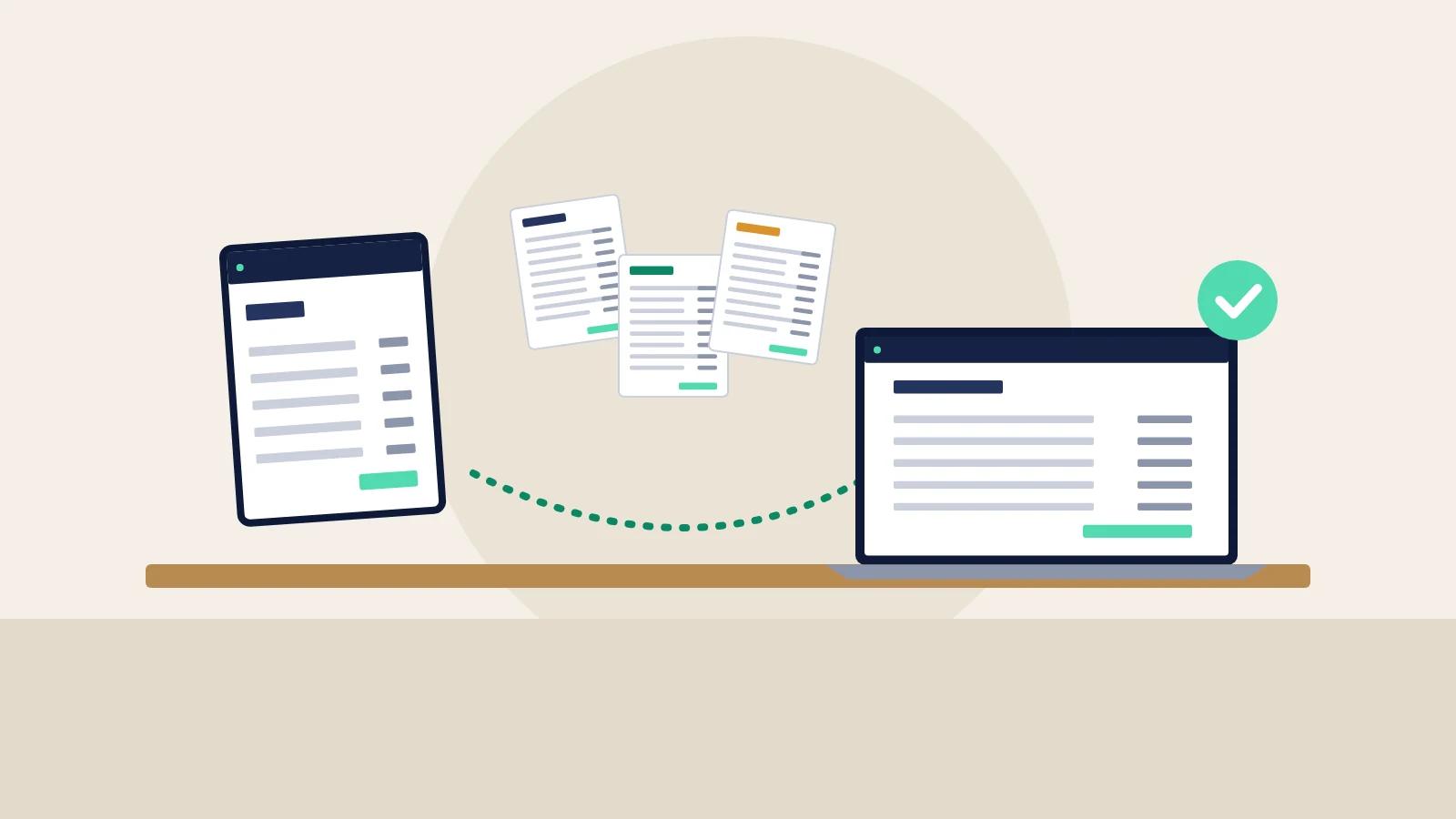 Illustration of invoices flowing from a tablet into accounting software on a laptop.
