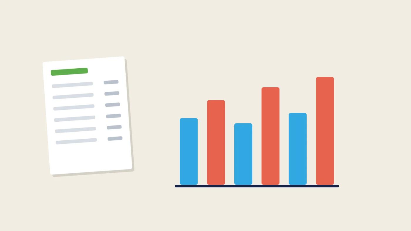 Illustration of actual vs theoretical food cost: a recipe card next to a bar chart where actual cost bars sit above theoretical cost bars