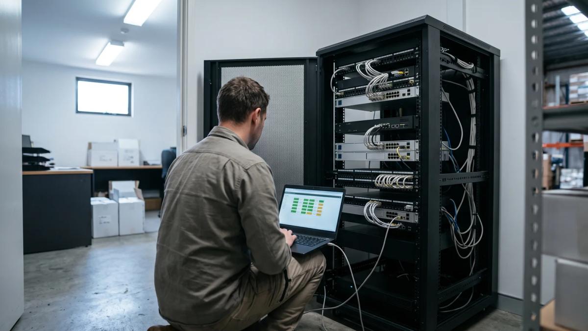 An IT contractor at a server rack setting up an EDI connection for a wholesale food distributor's order system.