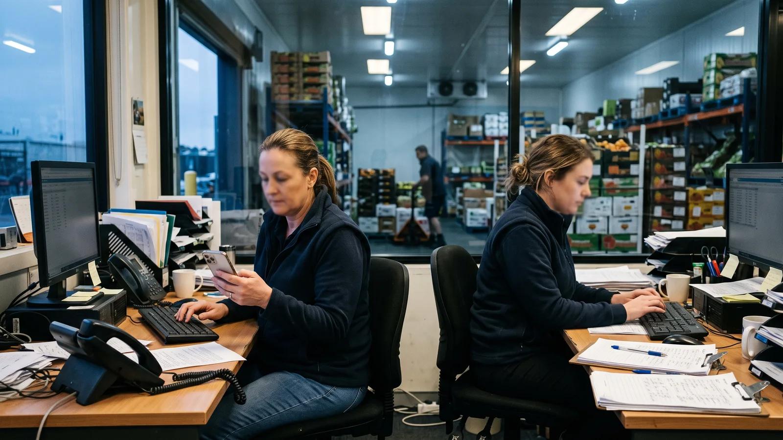 Wholesale food supplier admin team processing a morning pile of emailed, texted and printed customer orders in a distribution warehouse office