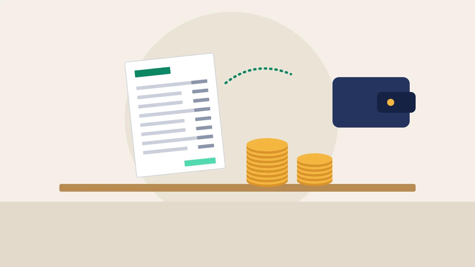 Illustration of a purchase order, stacks of coins and a wallet, representing control of spending.