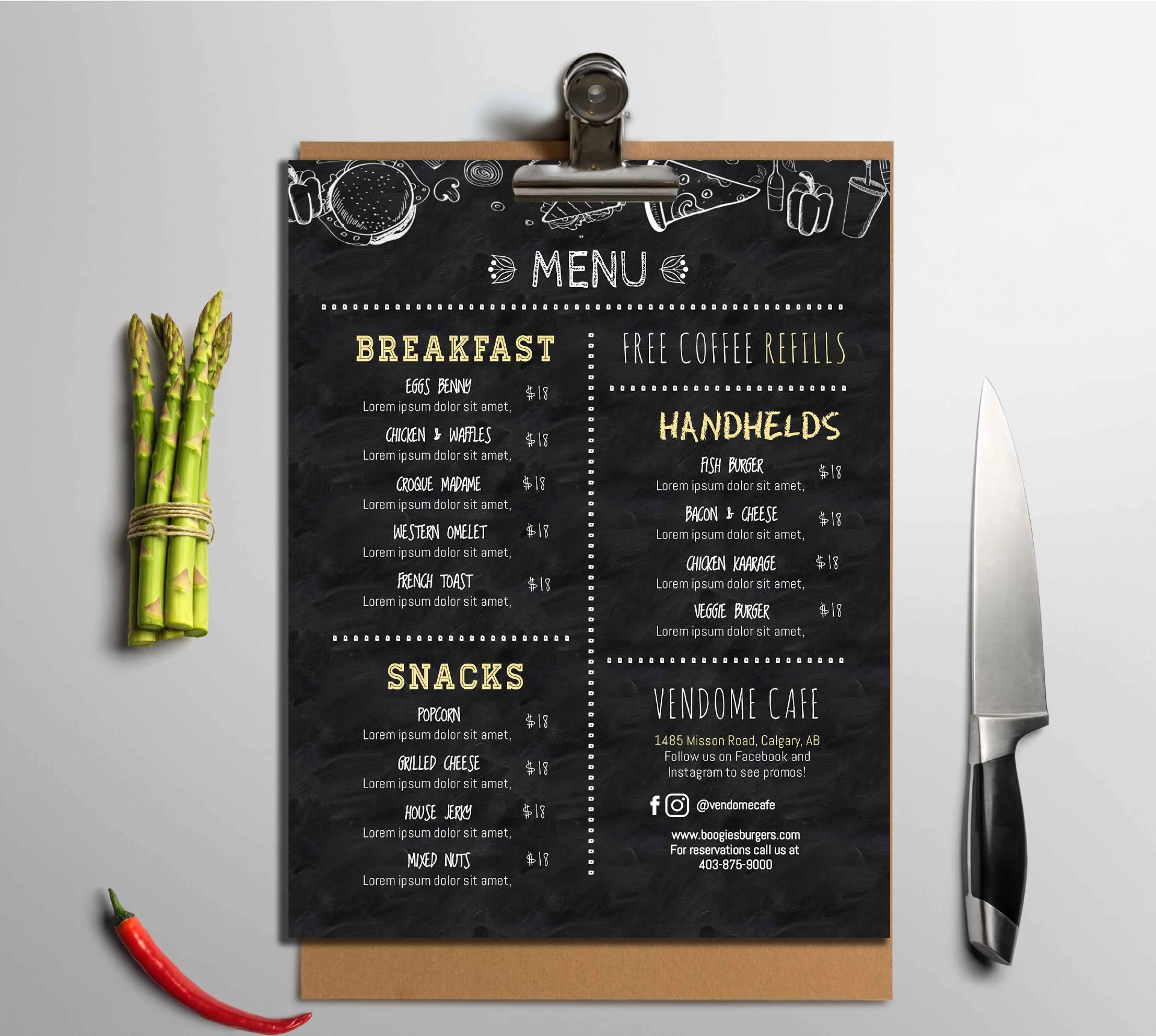 A menu printed on a black paper with a knife, asparagus, and a red chili on the side.