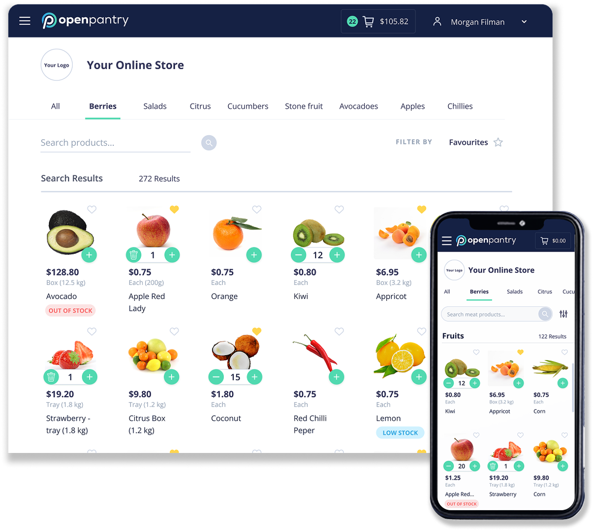 Open Pantry online store shown on desktop and mobile screens with product listings and cart details.