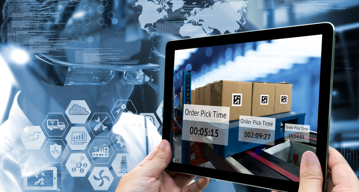 A hand holding a tablet with boxes on it with data like order pick time.