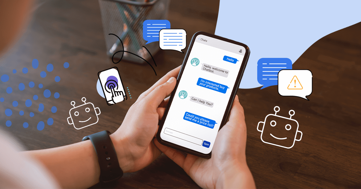 A man holding a smartphone displaying a chatbot conversation.