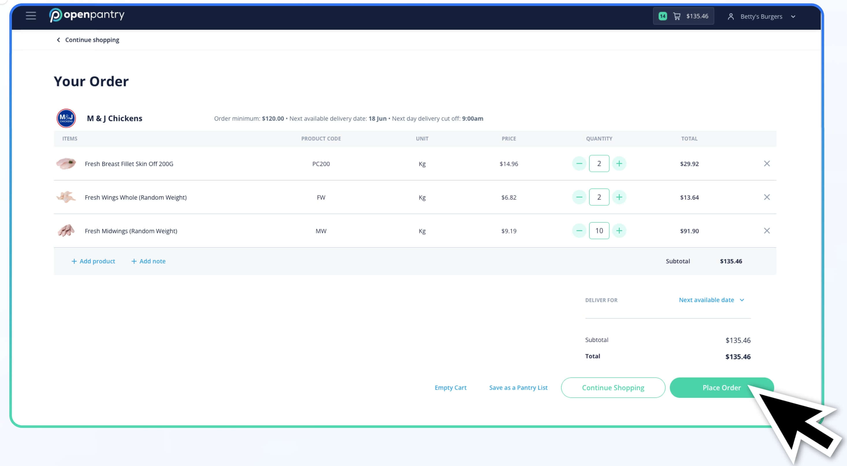 Screenshot of the Open Pantry checkout page showing an order summary for M&J Chickens products, with a cursor pointing to the “Place Order” button.