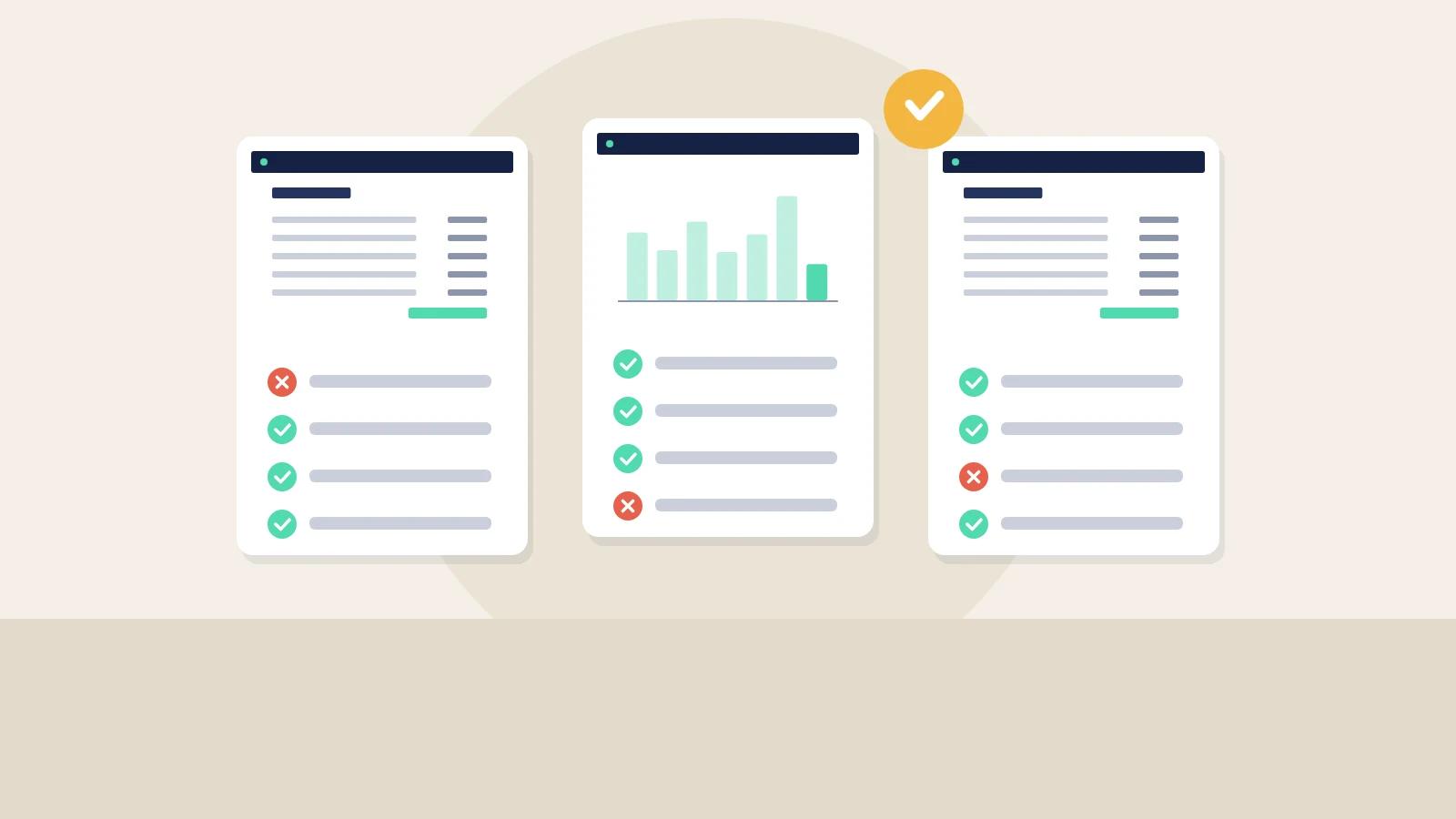 Illustration of three purchase order system screens compared side by side with ticks and crosses.