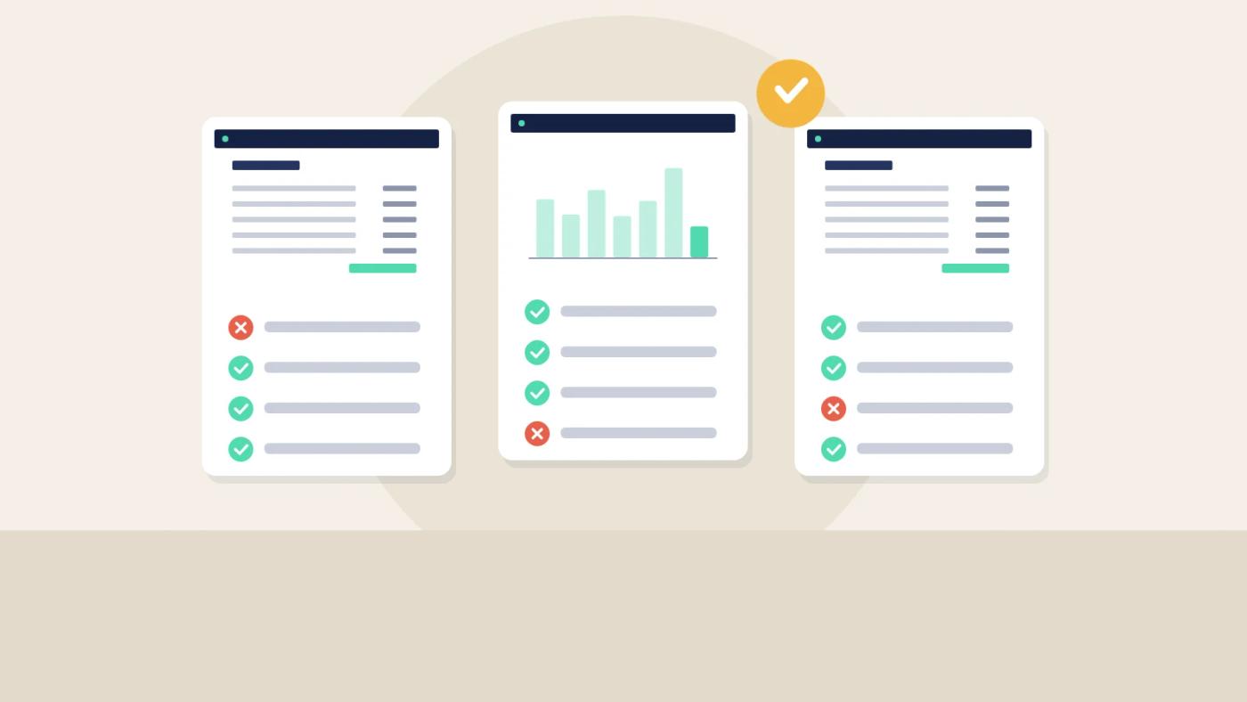 Illustration of three purchase order system screens compared side by side with ticks and crosses.