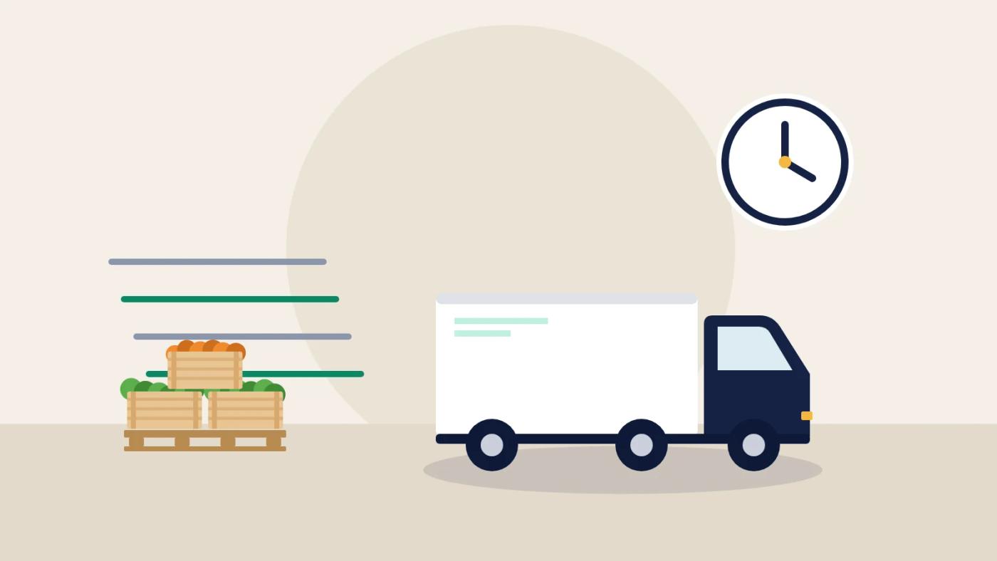 Illustration of a refrigerated truck and crates moving at speed past a clock.