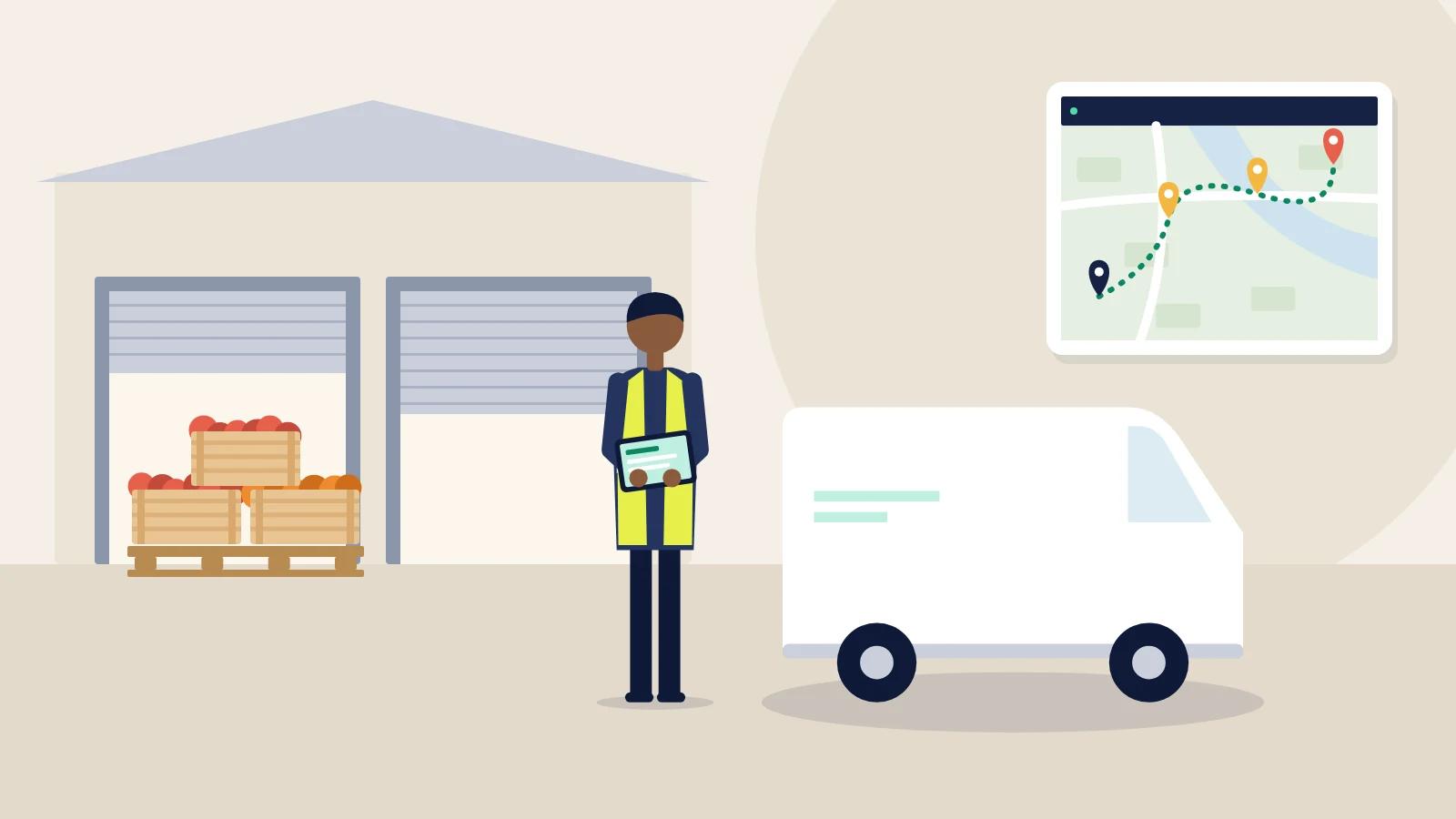 Illustration of a delivery van at a food warehouse with an optimised route map above.