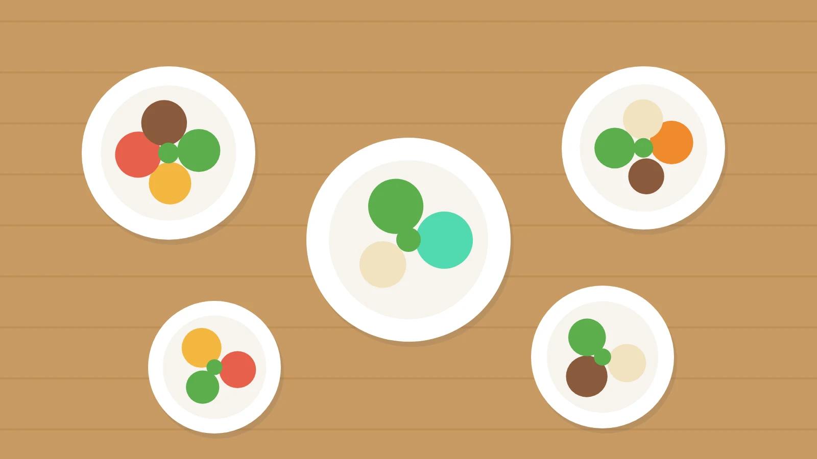 Illustration of colourful modern dishes on plates seen from above on a timber table.
