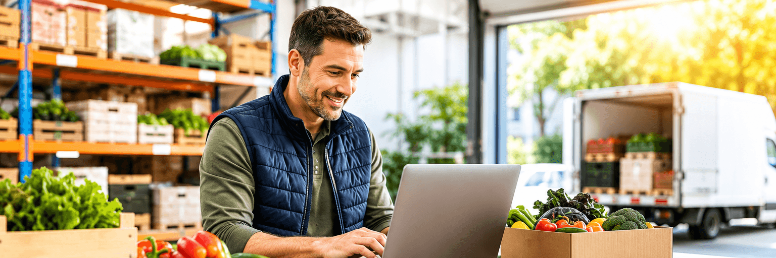 A smiling man using laptop with fresh produce in the background.