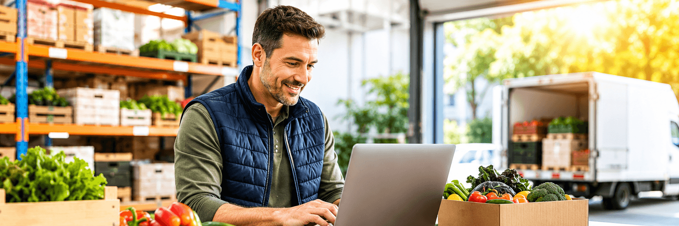 A smiling man using laptop with fresh produce in the background.