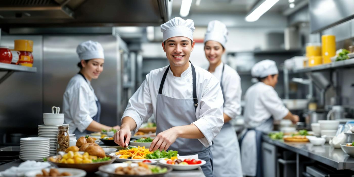 Chefs happily working in a commercial kitchen.
