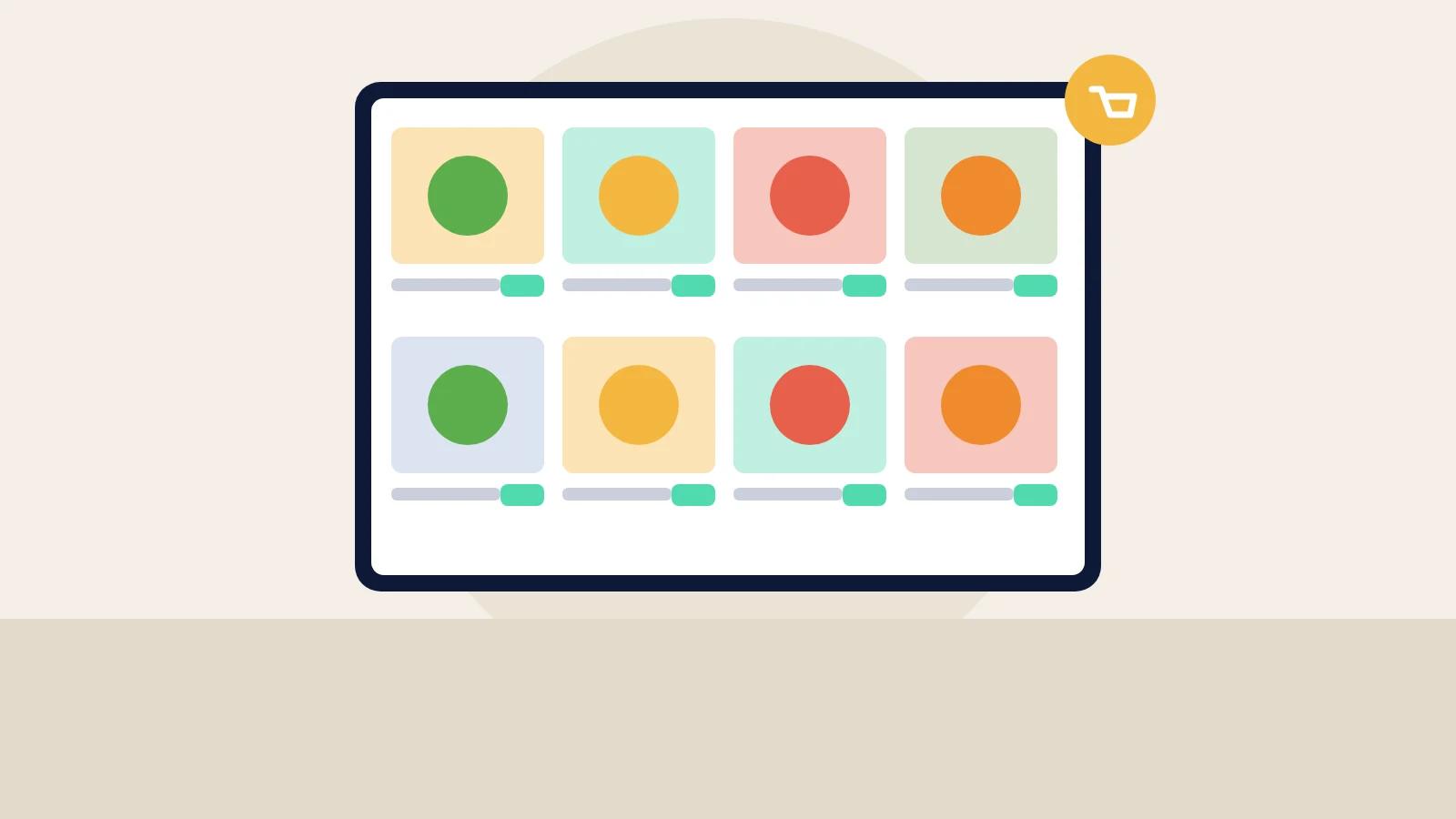 Illustration of a digital product catalogue on a tablet with product tiles and a cart icon.
