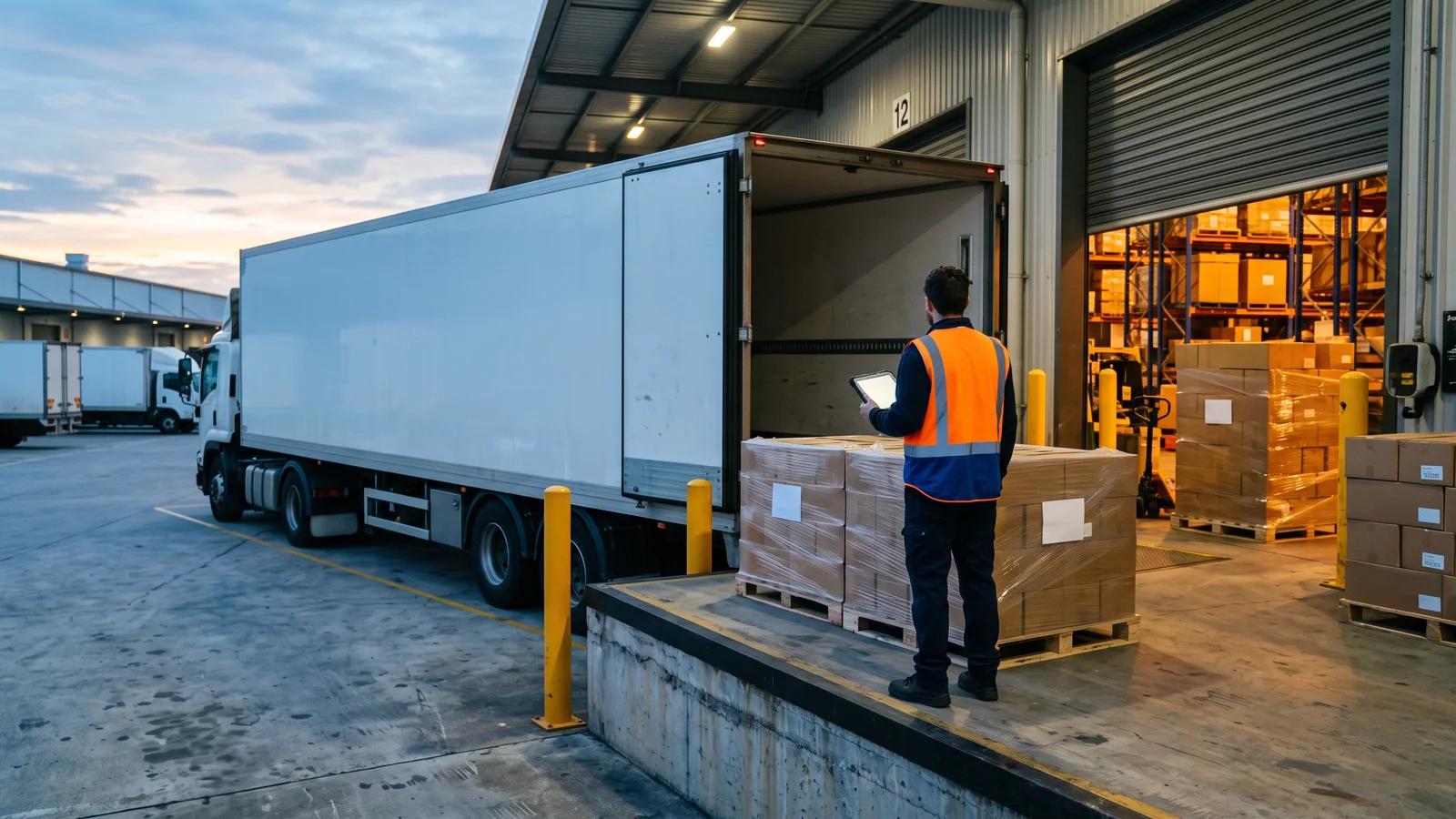 A supermarket delivery bay at dawn with a refrigerated truck backed in and a receiving clerk checking pallets against a tablet.