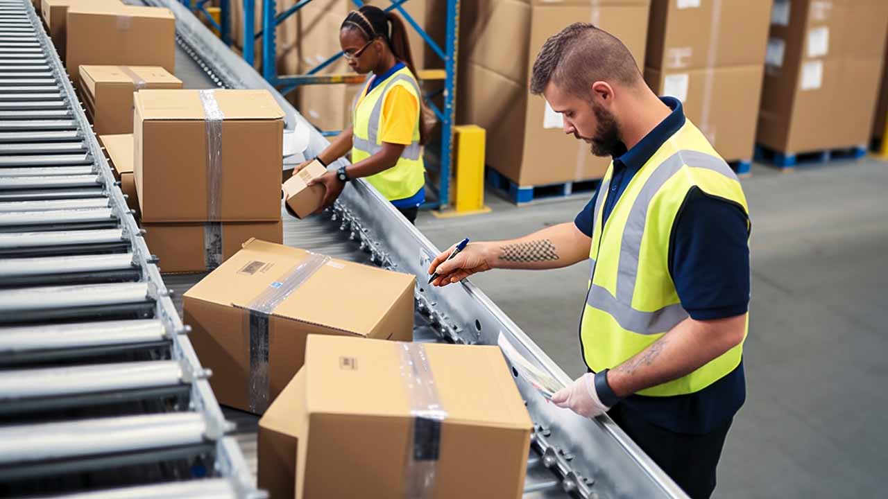 A man and a woman packing orders in a warehouse.