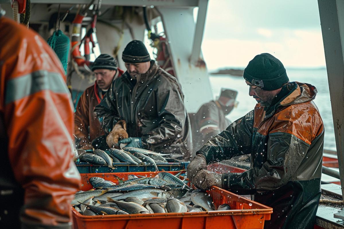 Three men in a boat are cleaning freshly caught fish.