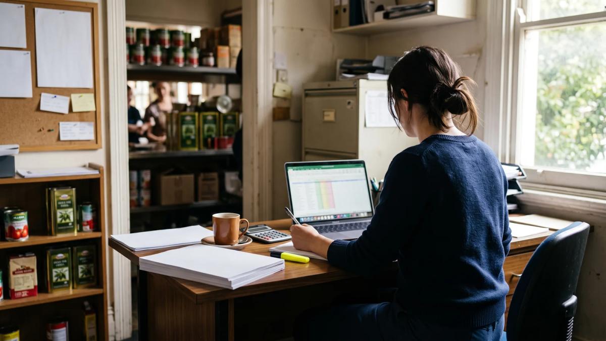 A restaurant owner at a back-office desk comparing a stack of supplier invoices with a laptop spreadsheet.