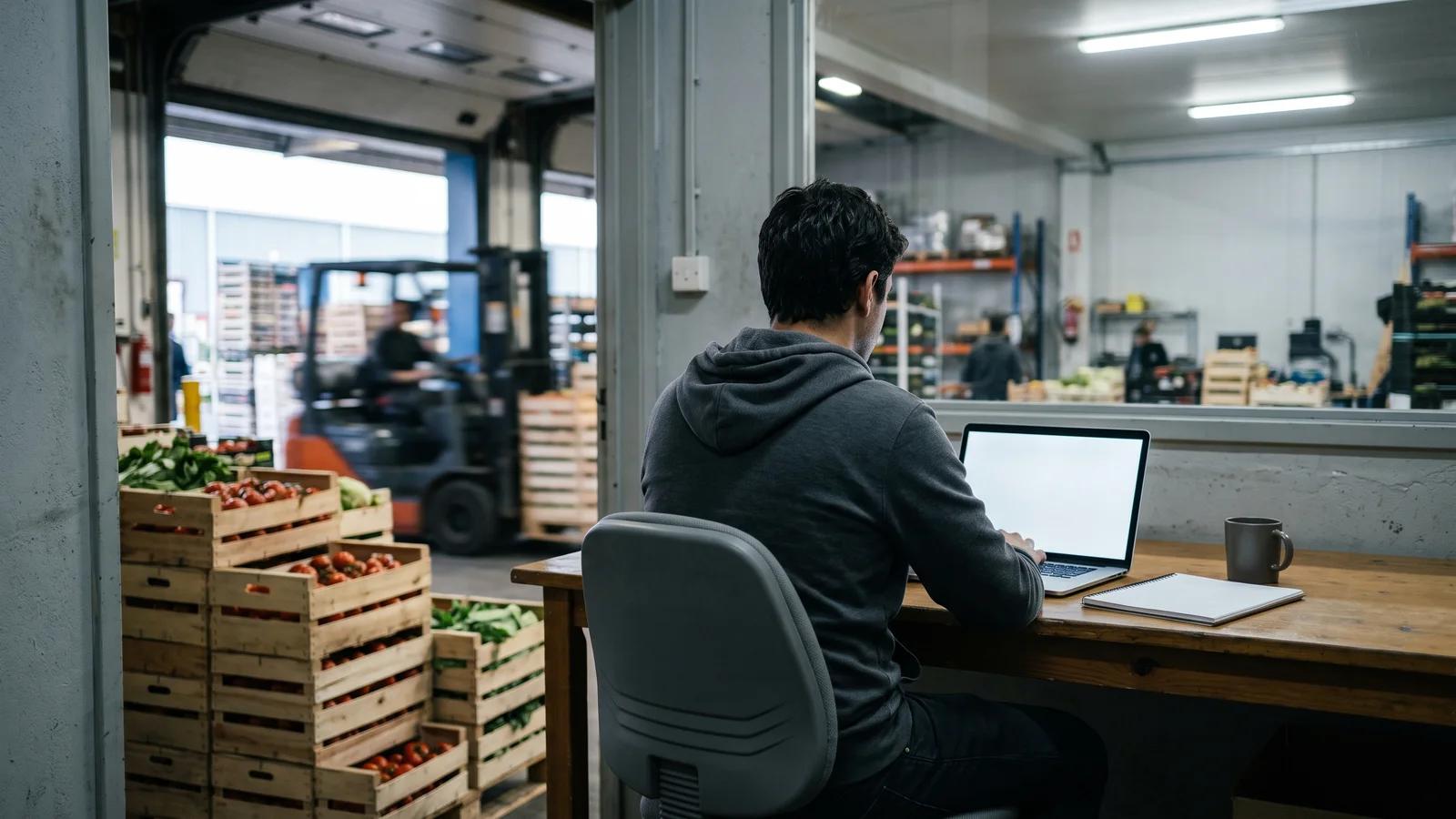 A wholesale supplier's operations manager comparing four options on a laptop at a warehouse desk beside crates of fresh produce.