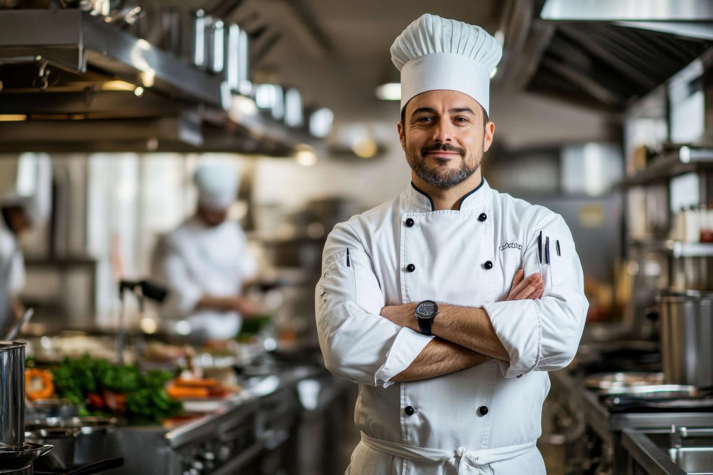 A chef standing in the kitchen.