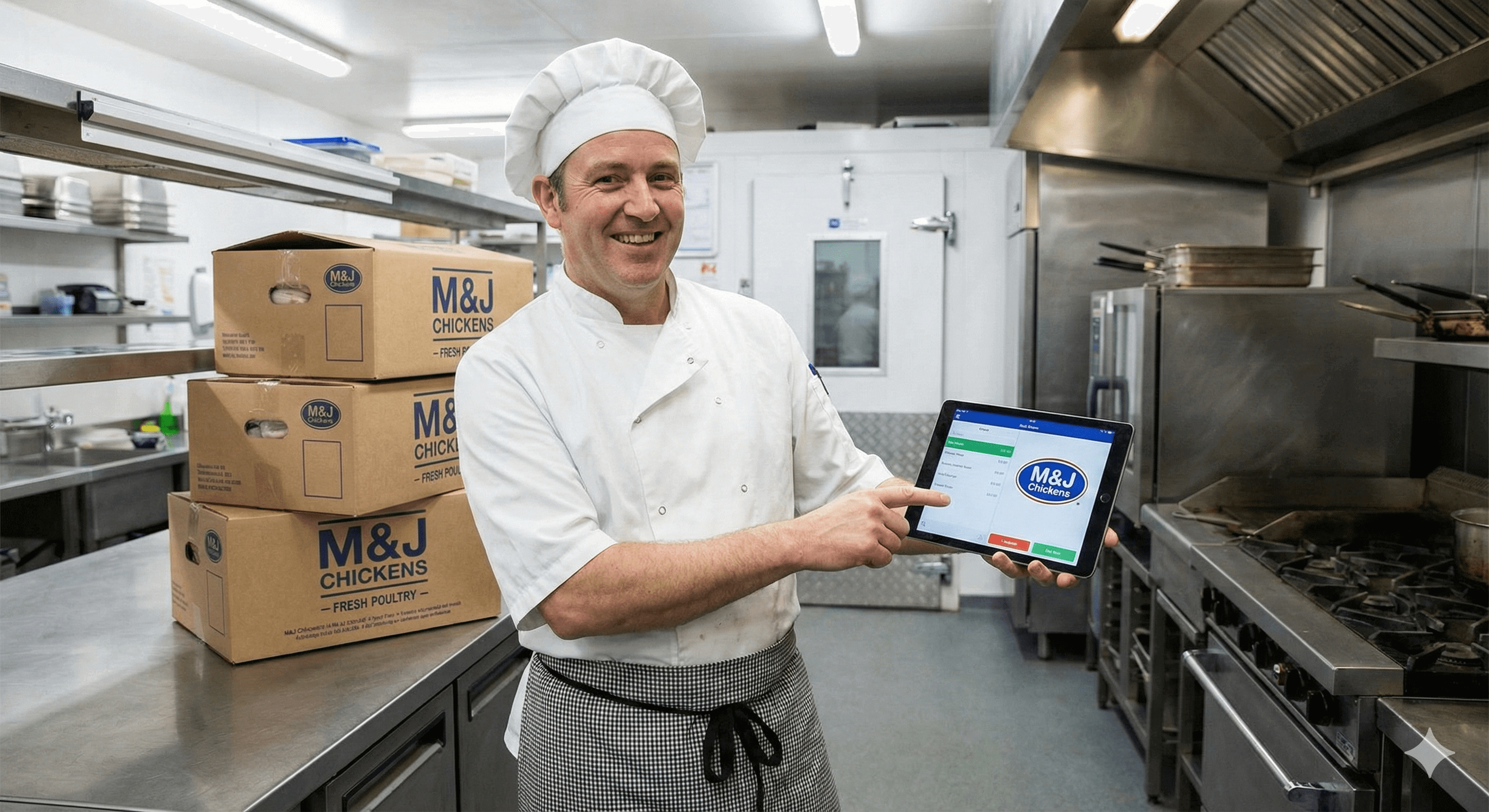 A chef using a tablet to order from M&J Chickens.