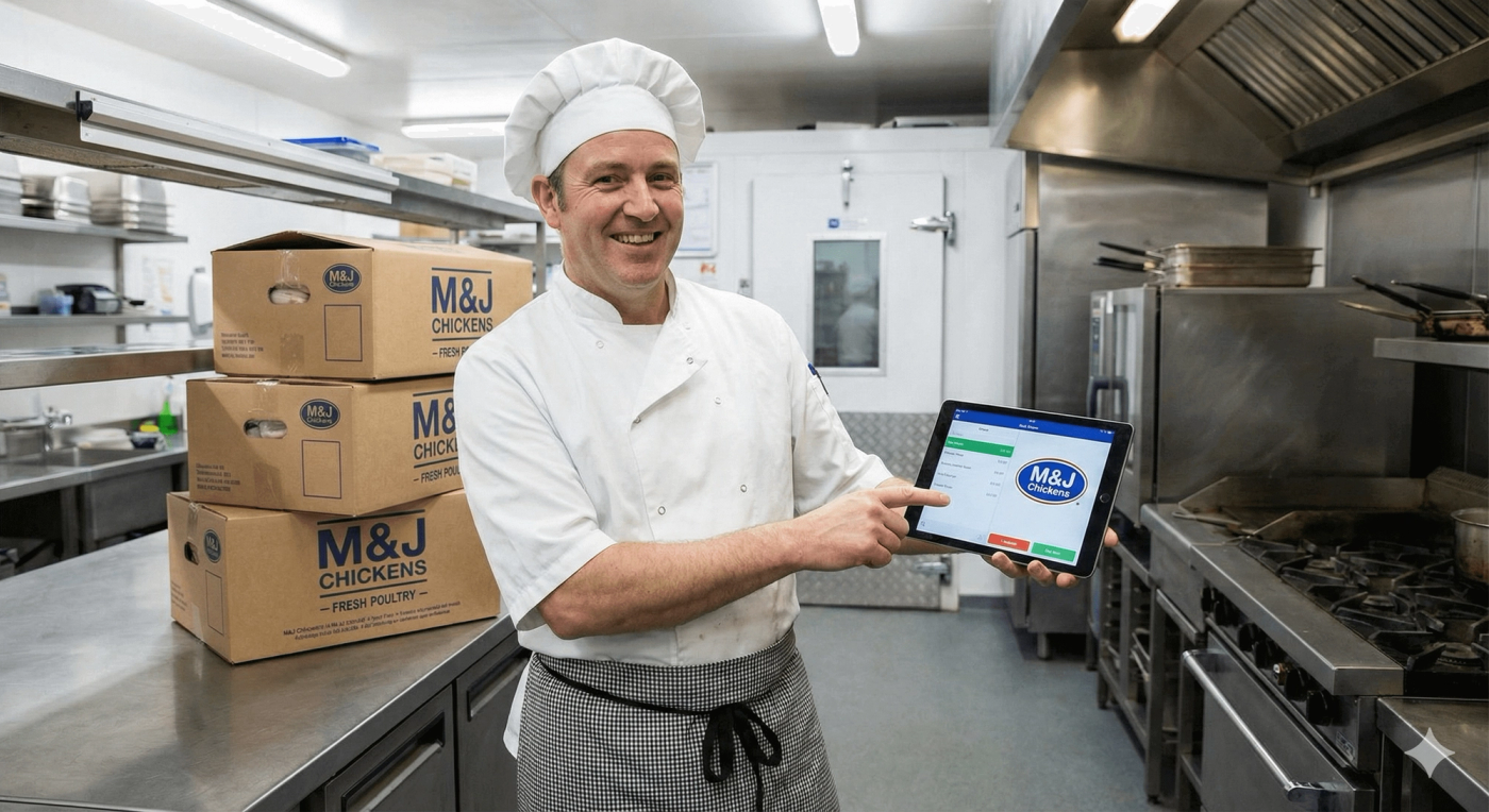 A chef using a tablet to order from M&J Chickens.