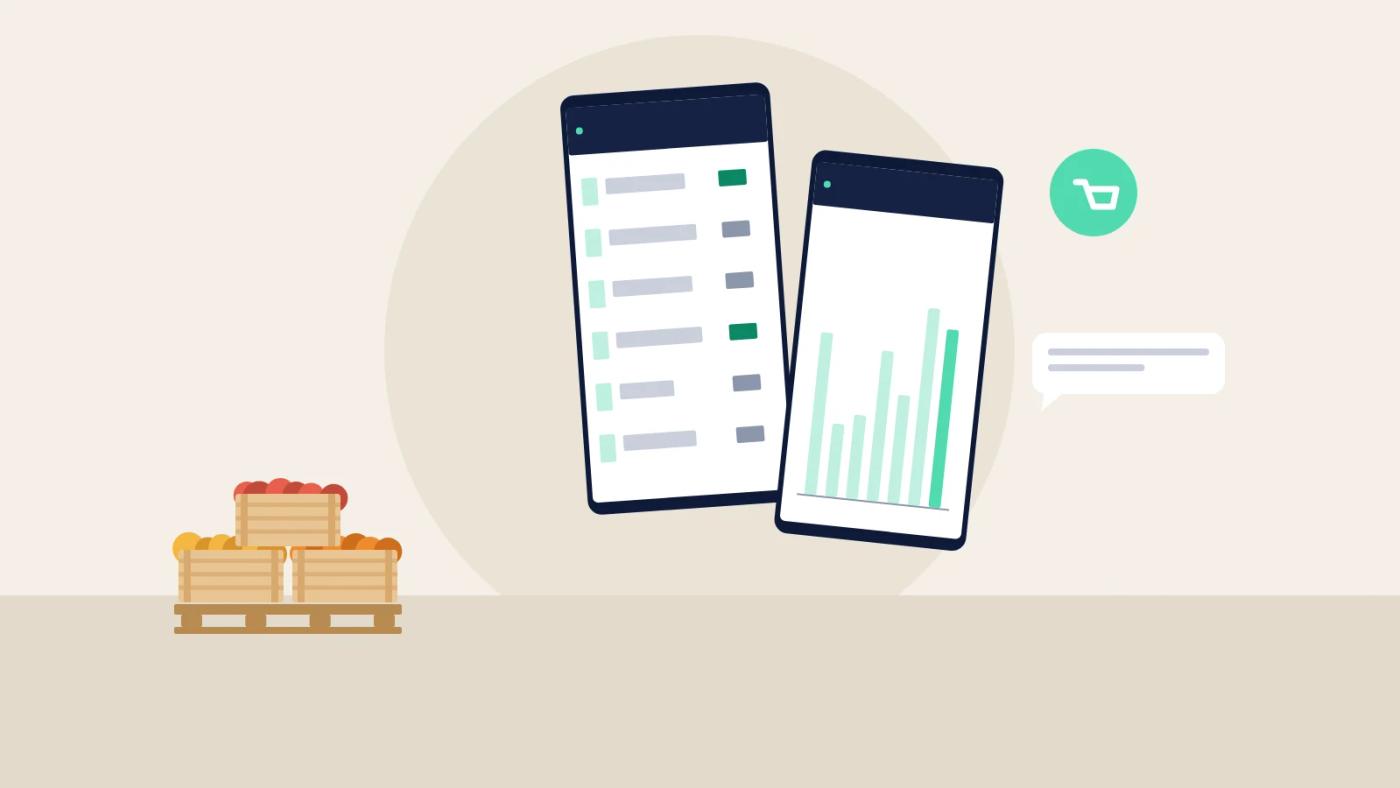 Illustration of two phones showing a supplier's branded ordering app beside crates of produce.